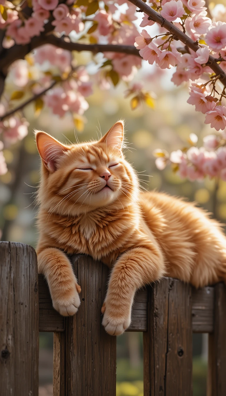 Content red cat resting on a wooden fence in spring