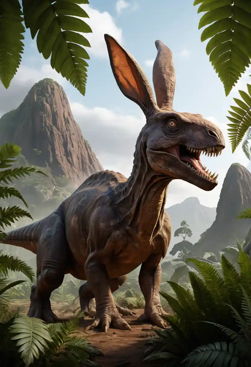 Prehistoric creatures in a dramatic paleoart volcanic landscape