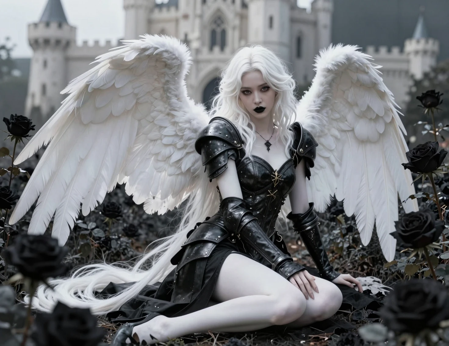 Gothic angel in leather armor among black rose garden