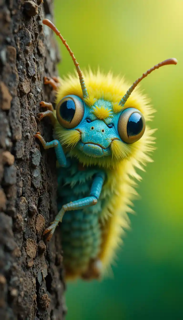 Cute fluffy alien grasshopper peeking from a tree trunk