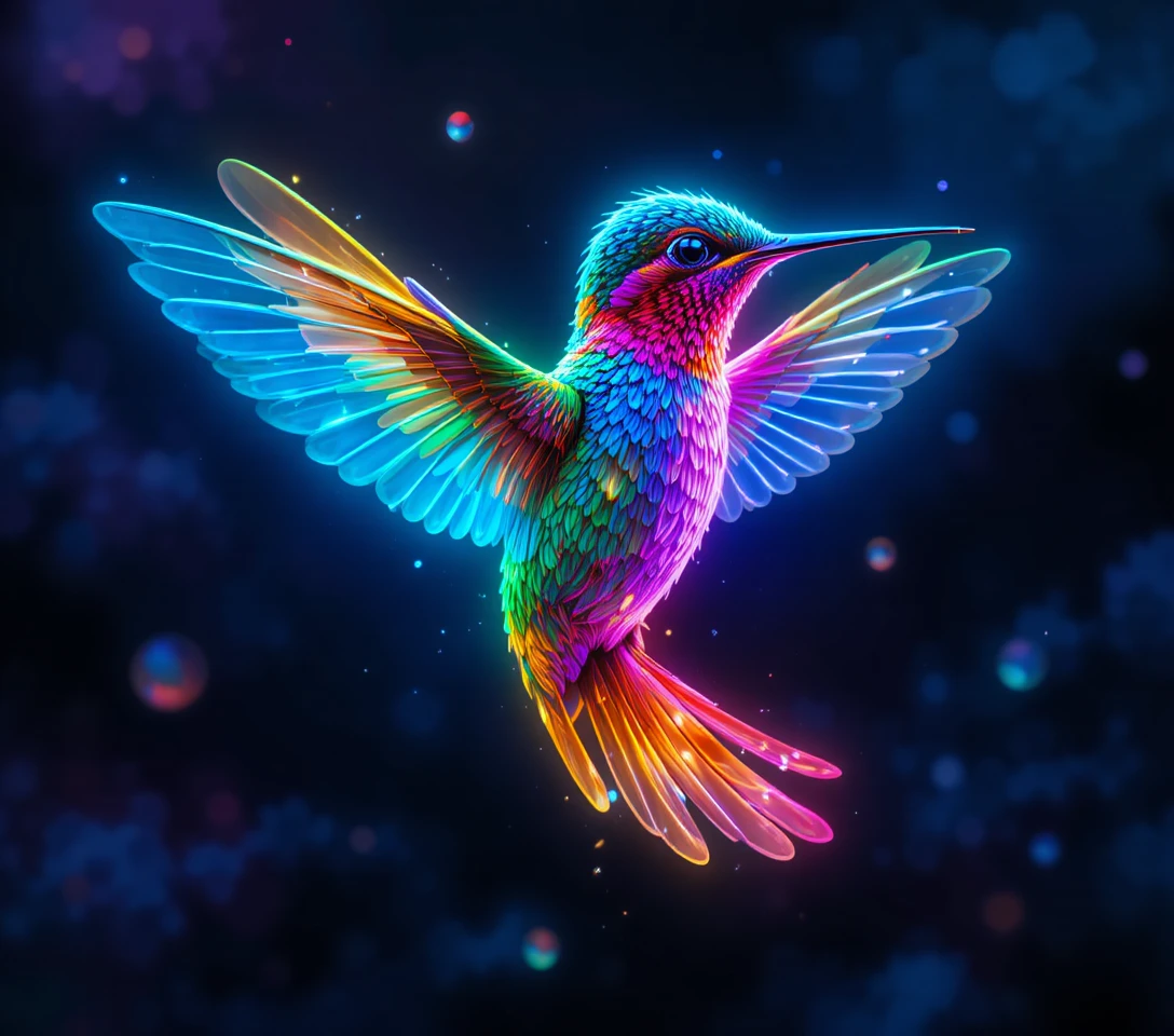 Colorful neon hummingbird against a dark glowing backdrop