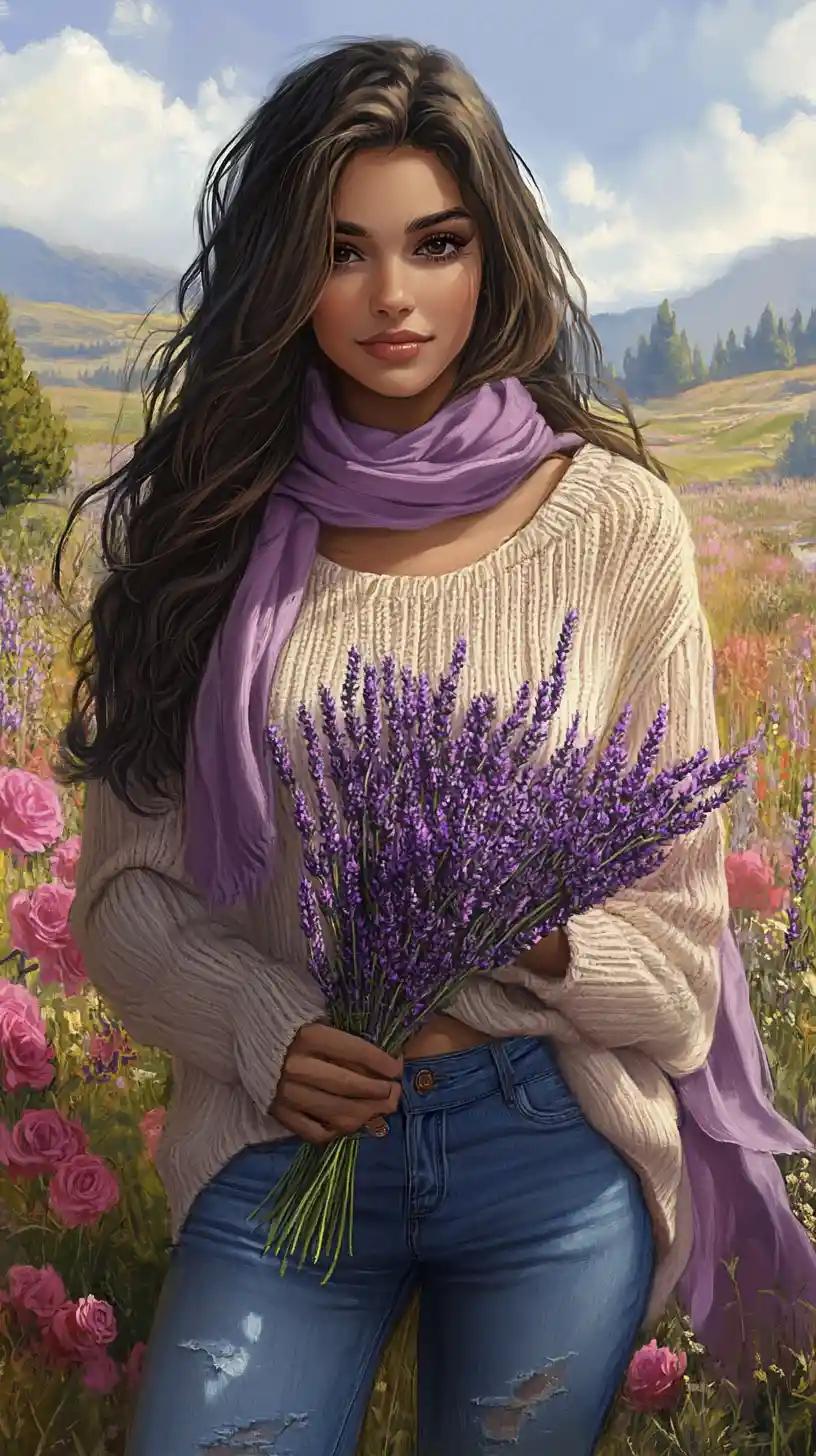Young woman with lavender bouquet in a blooming field