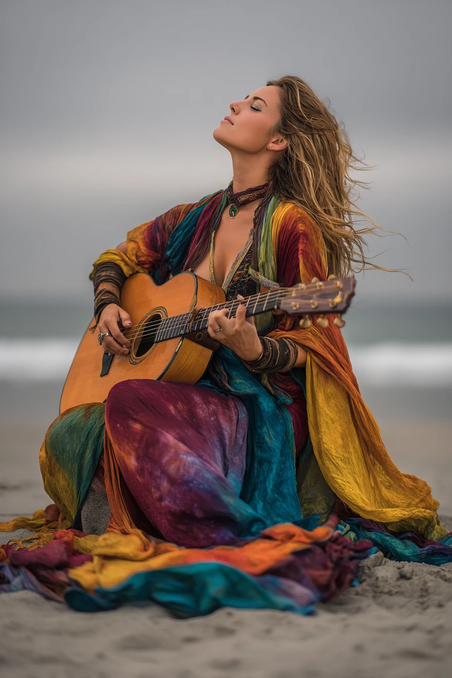 Woman playing guitar on a windy beach in a flowing dress
