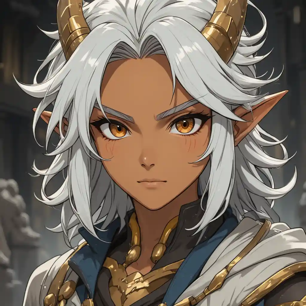 Young eliatrope man with white hair and dragon horns
