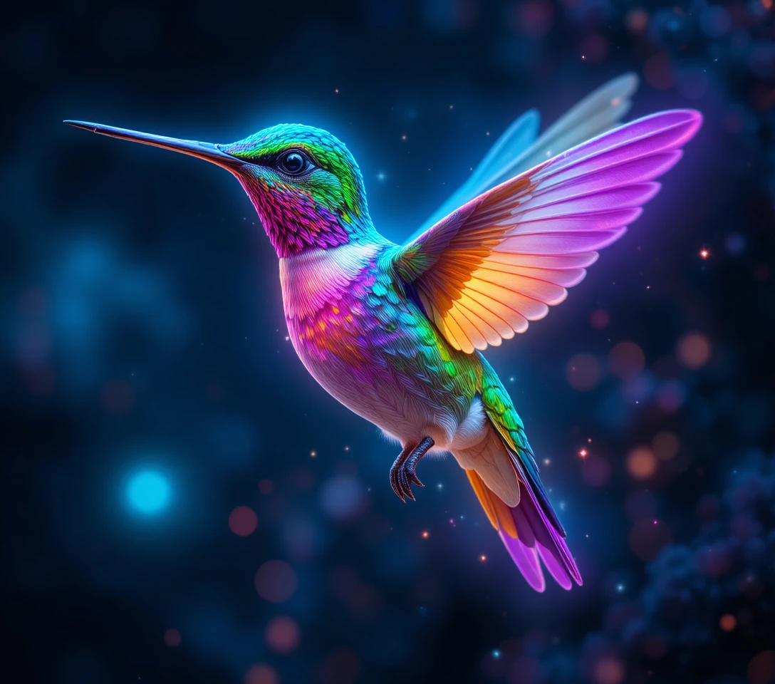 Colibrì al neon che brilla con colori arcobaleno su sfondo scuro