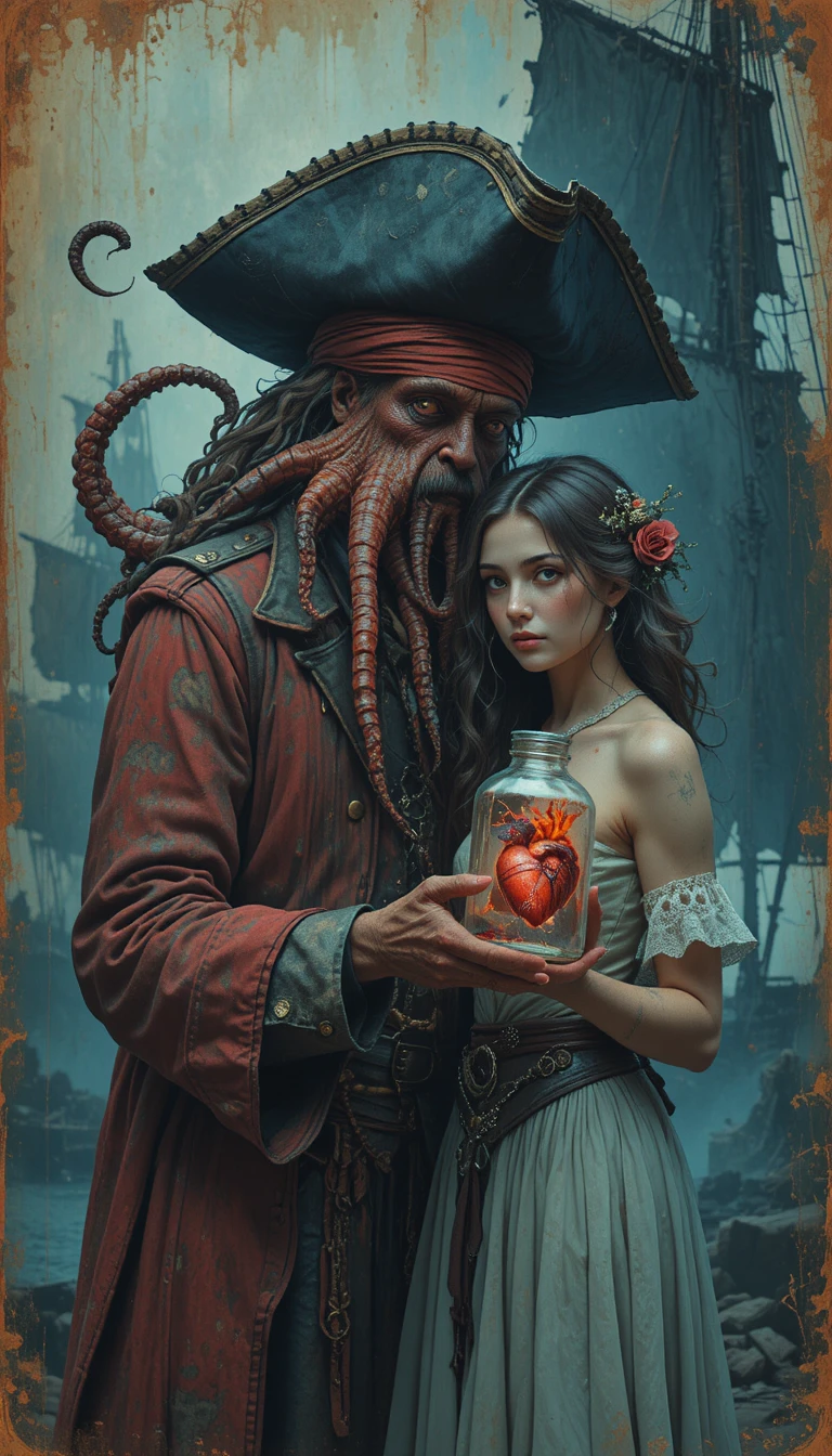 Anthropomorphic octopus captain with heart in a jar