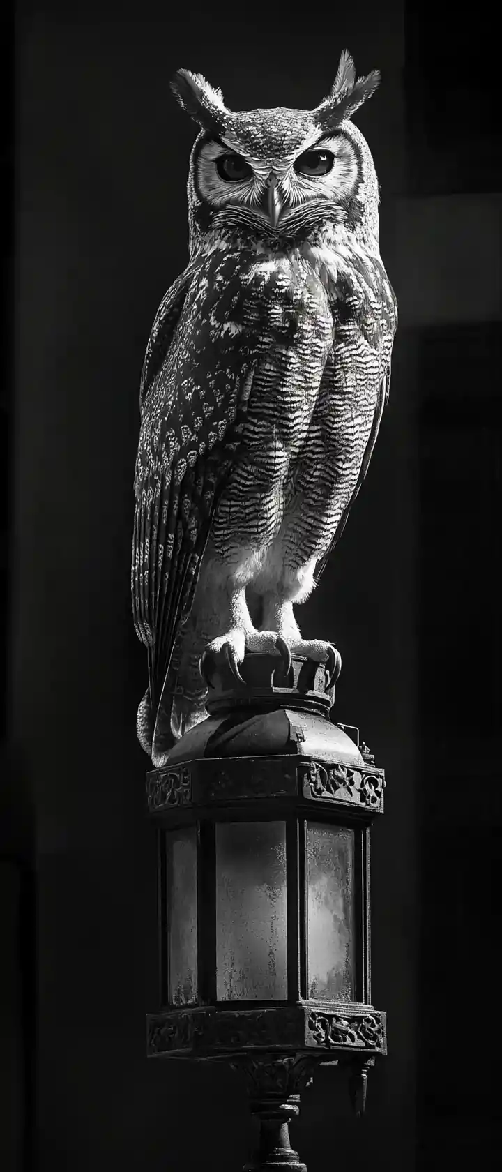 Mechanical steampunk owl perched on a lantern in city