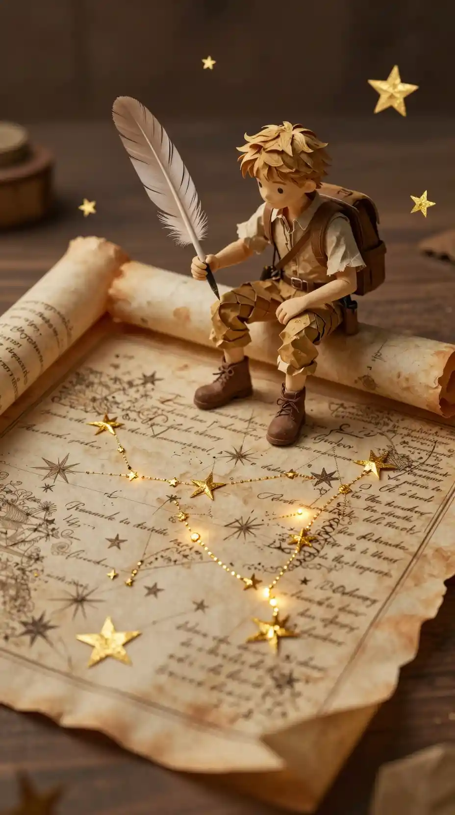 Paper explorer on glowing ancient star map