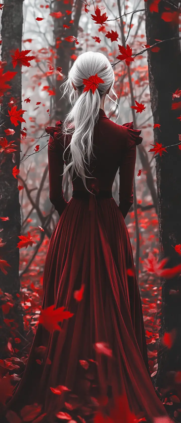 White haired woman in red dress in crimson forest