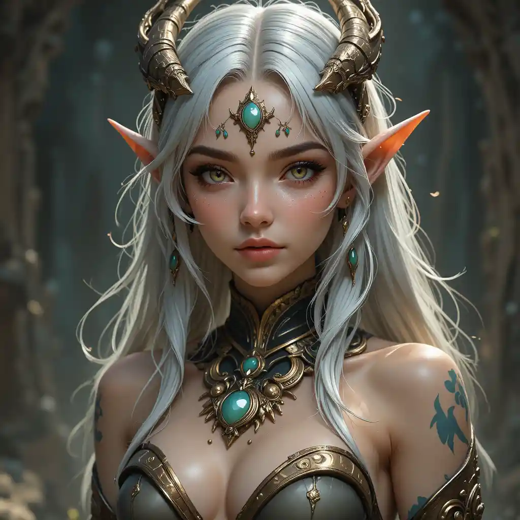 Young eliatrope girl with silver hair and dragon horns