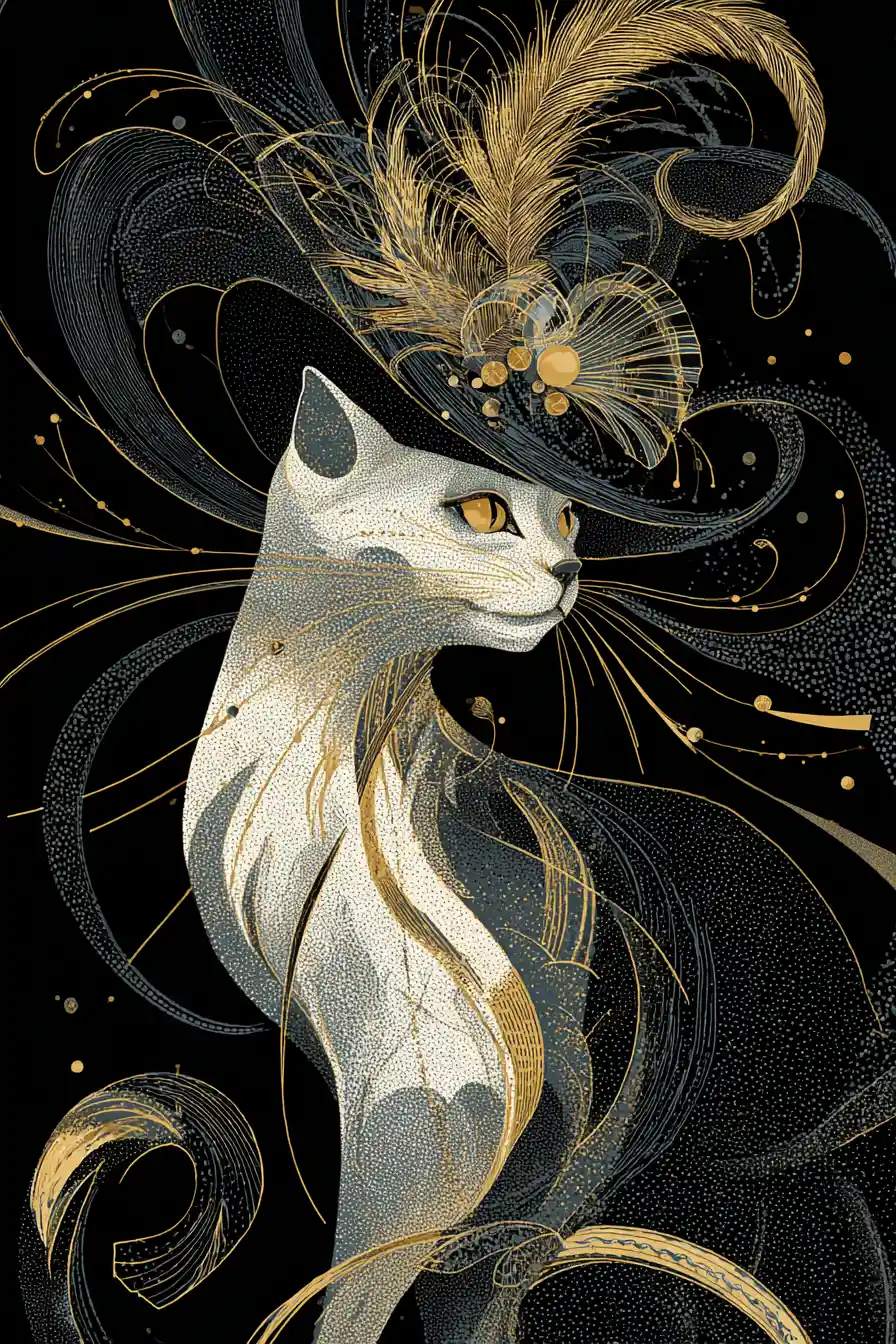 Art nouveau black and white cat with golden feathered hat