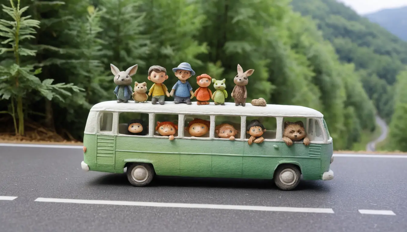 Playful clay characters riding a bus on summer vacation