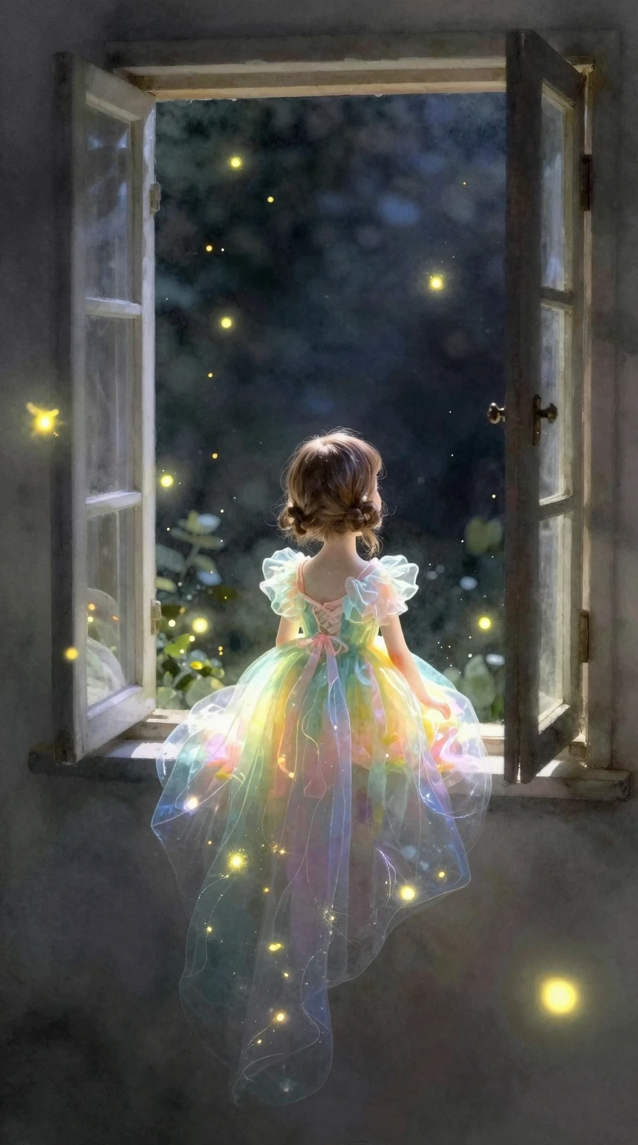 Porcelain doll in glowing fantasy light at open window