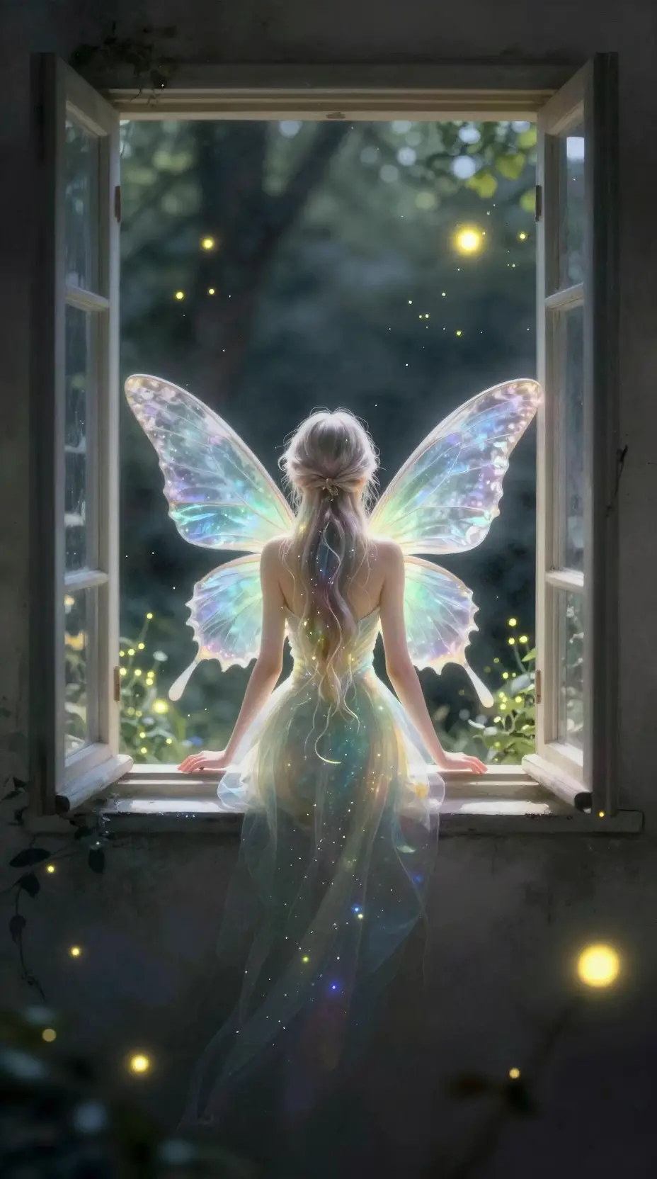 Fairy Sitting In Window Bay With Glowing Translucent Wings