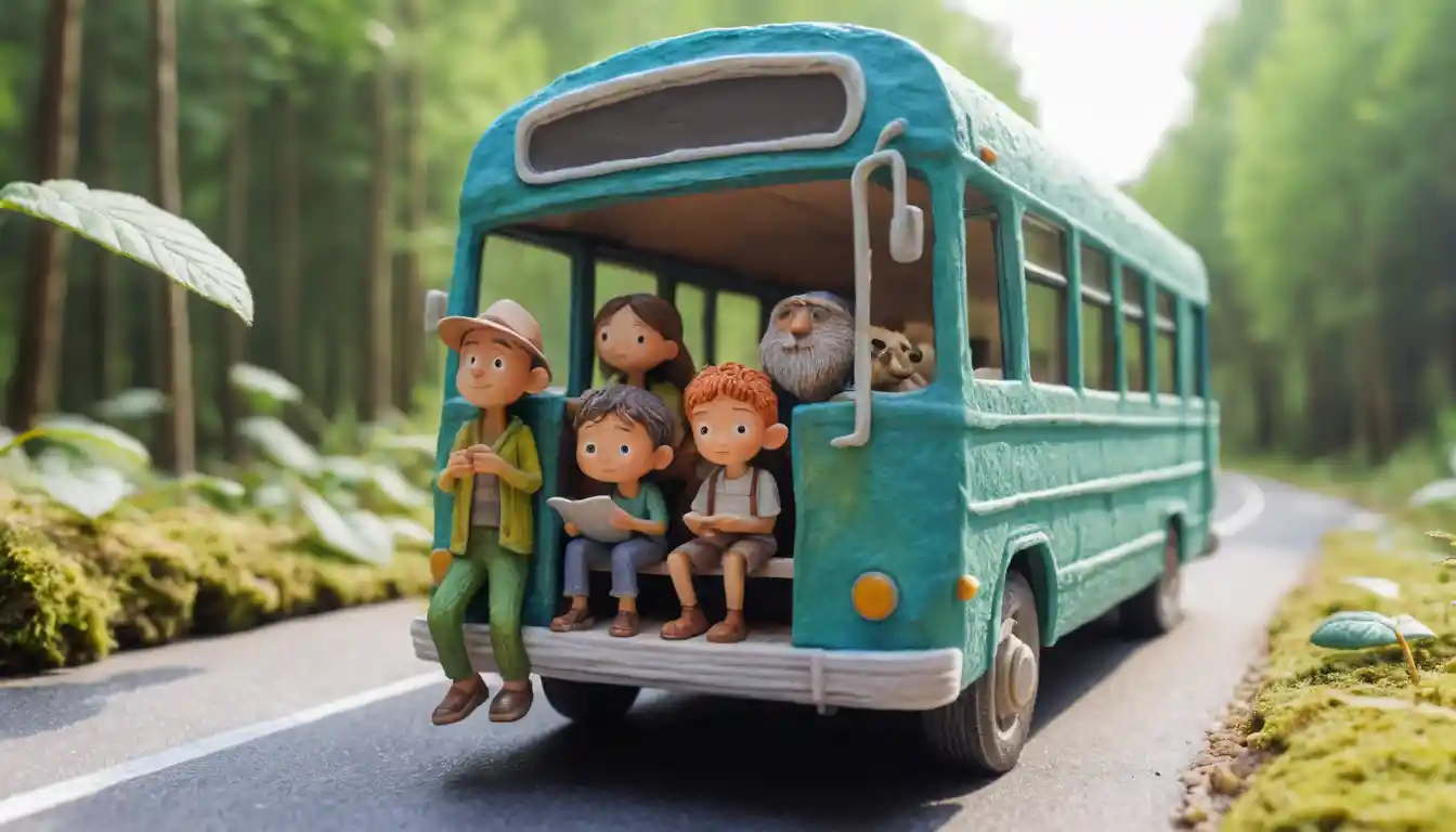 Funny clay characters riding a bus on a summer highway