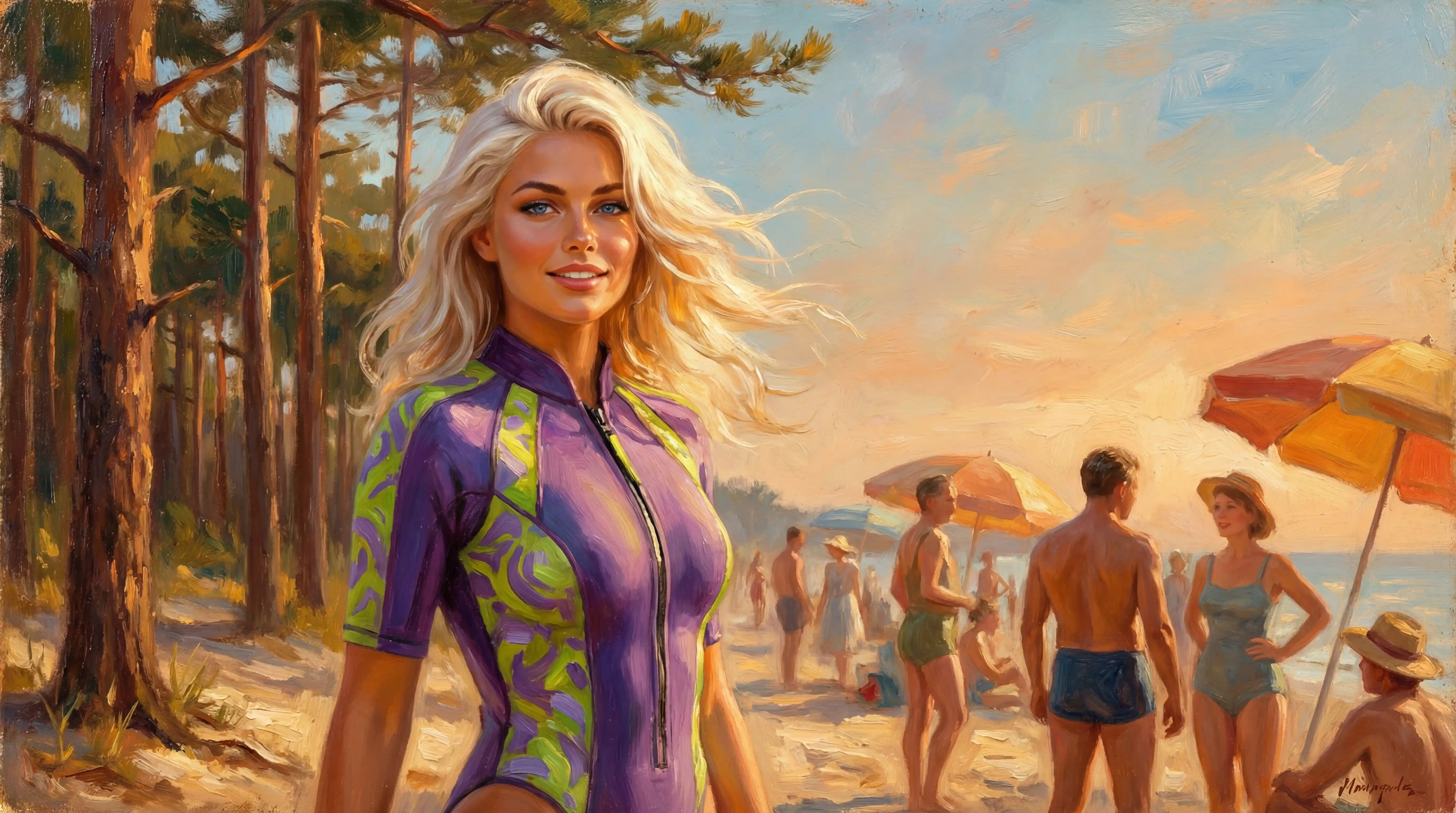 Donna bionda sicura di sé su una spiaggia di foresta tropicale