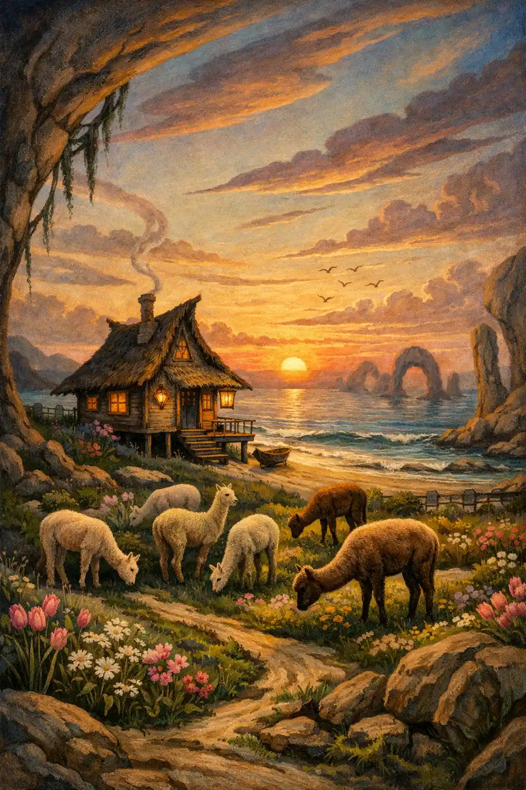 Alpaca herd grazing by the sea at spring sunset