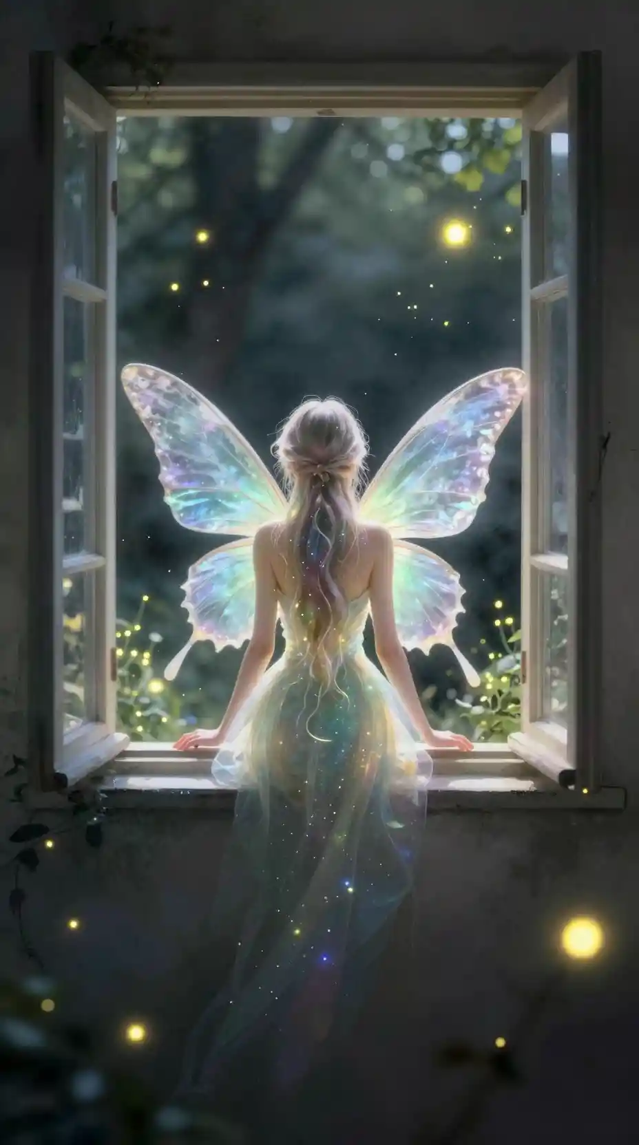 Fairy Sitting In Window Bay With Glowing Translucent Wings