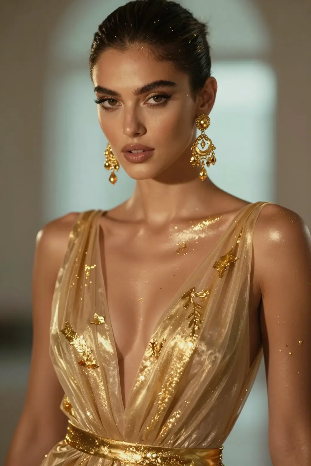 Golden glamor portrait of a confident woman in sheer gown