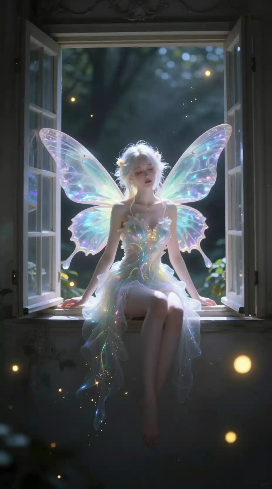 Delicate fairy on a window bay with glowing fireflies