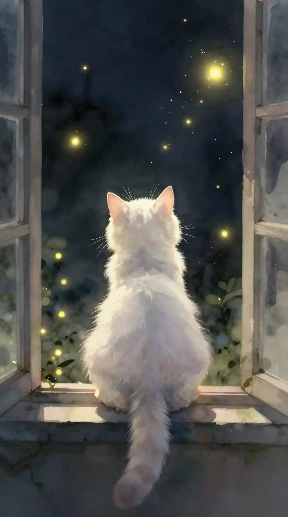 Fluffy White Kitten On Window With Magical Fireflies