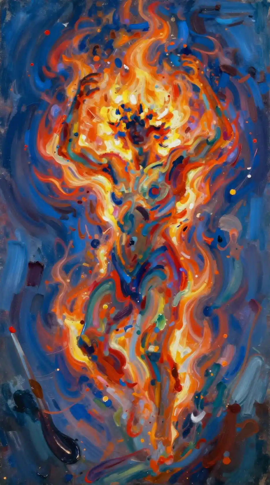 Figura astratta ardente in vorticosi colori espressionisti
