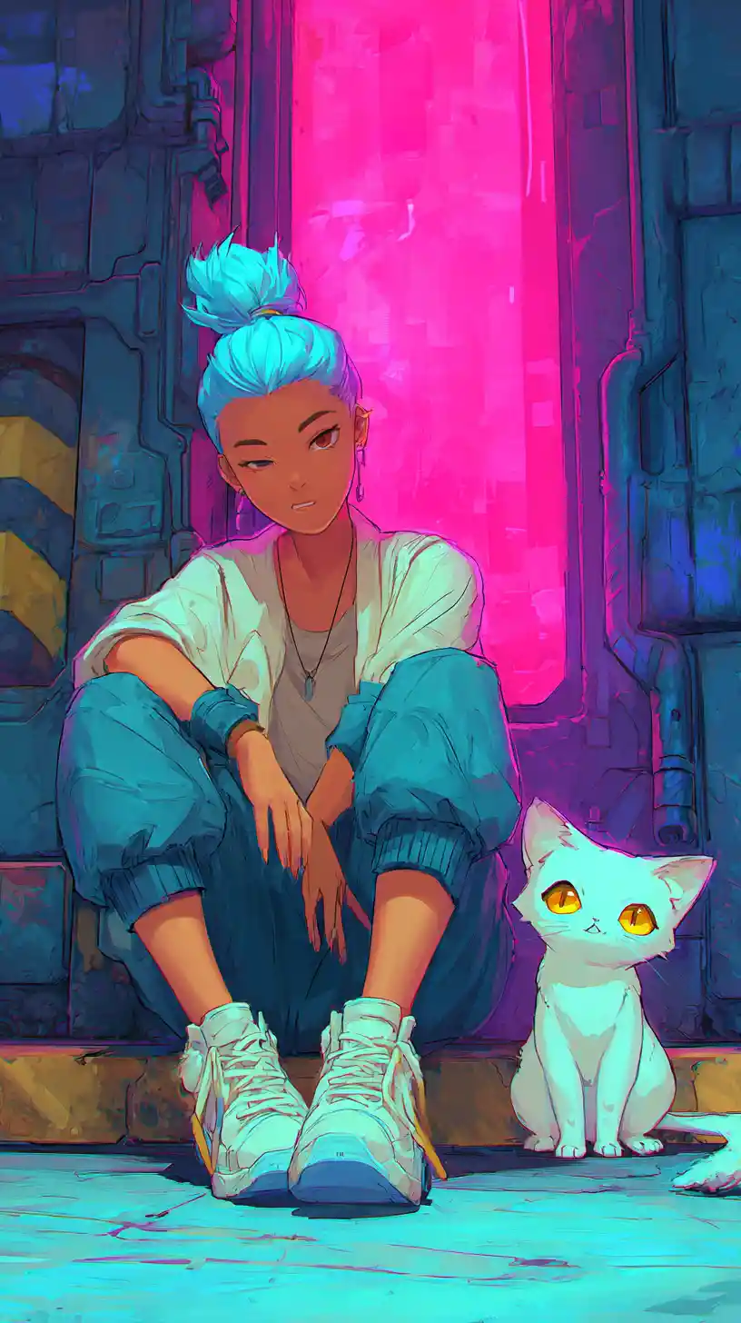 Anime girl with lilac hair and white cat in neon city