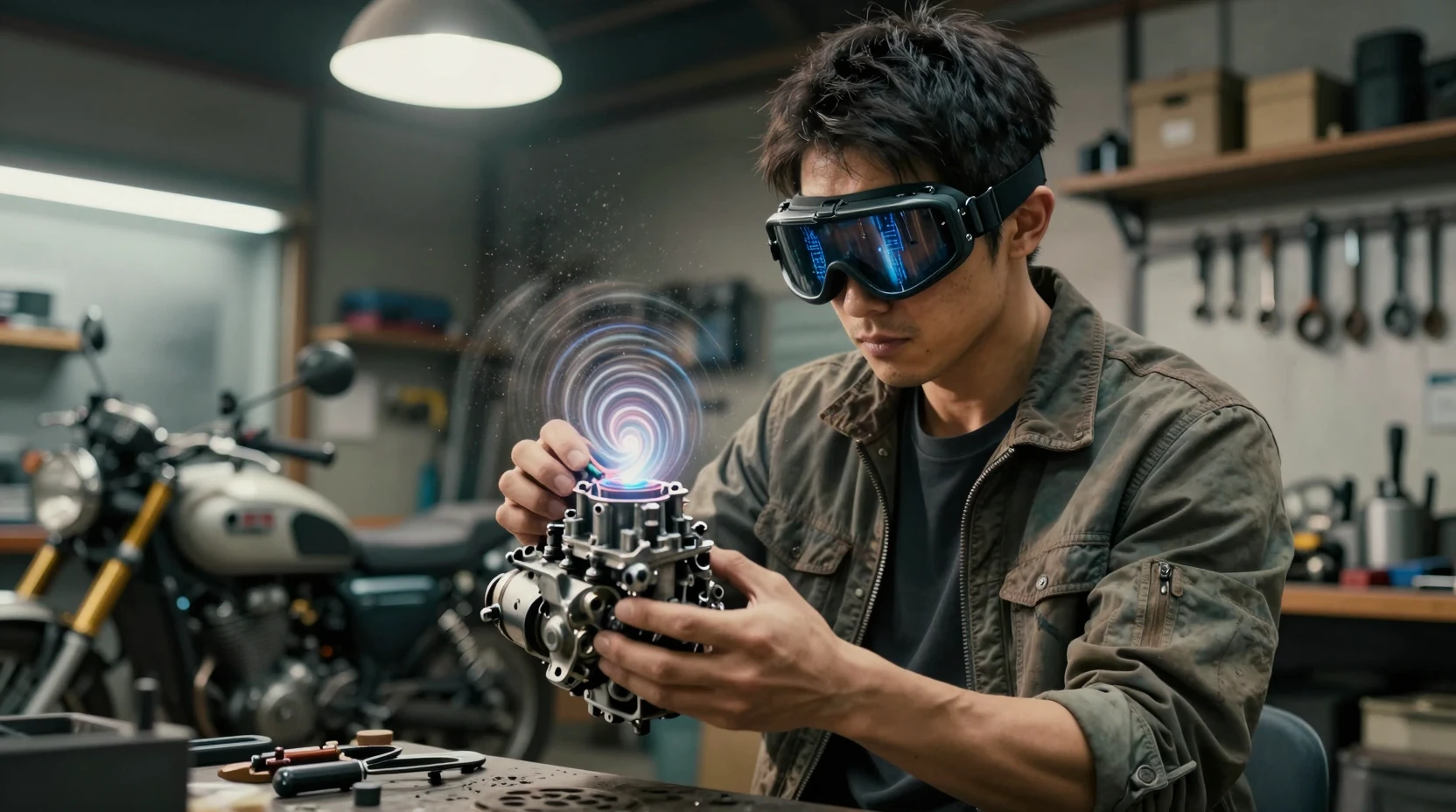Japanischer Mechaniker mit magischer Schutzbrille in Motorradwerkstatt