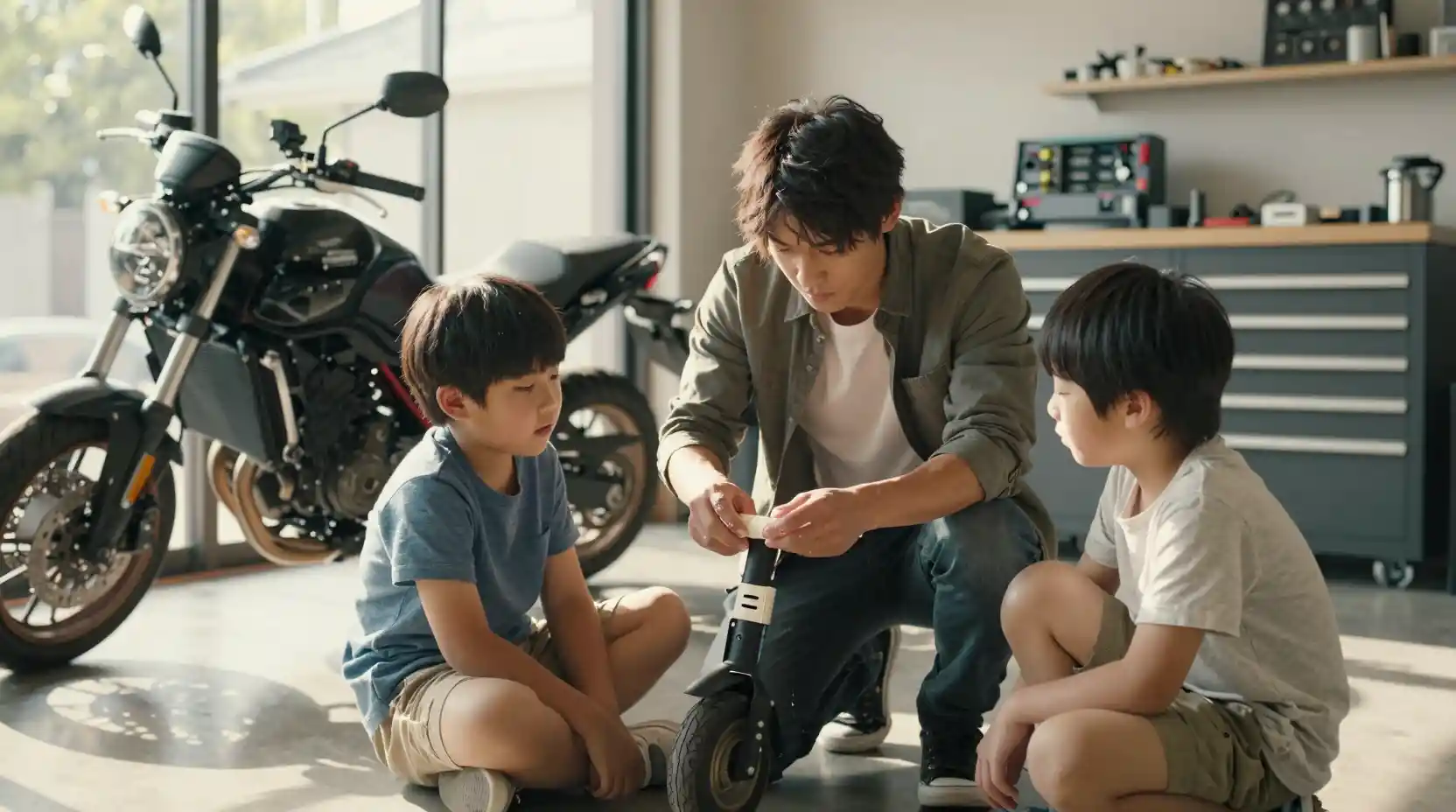 Mécanicien réparant une trottinette électrique pour enfant dans un atelier ensoleillé