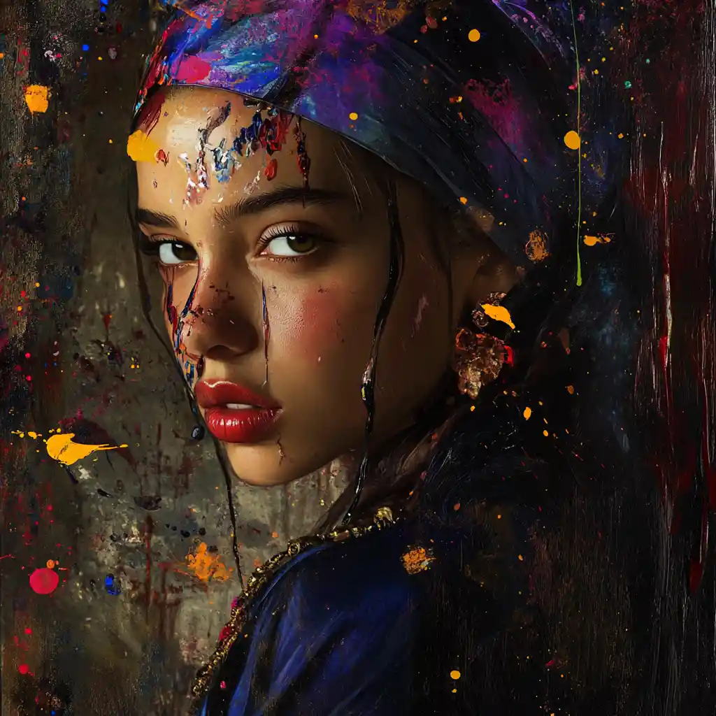 Surreal digital oil portrait of girl with pearl earring