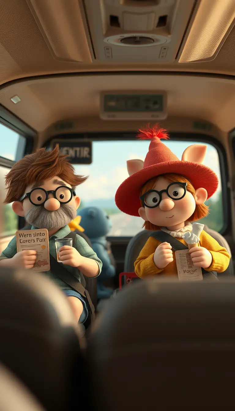 Cute clay characters riding a bus on summer vacation