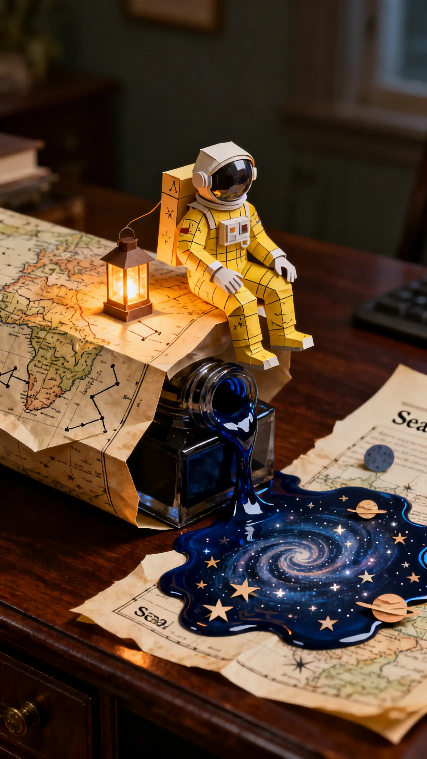 Miniature paper astronaut beside a galaxy of spilled ink