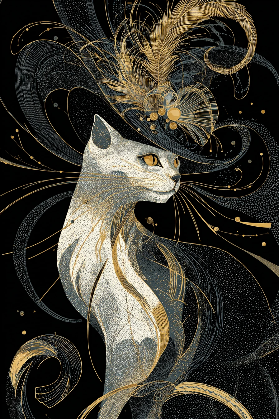 Gato preto e branco em estilo art nouveau com chapéu dourado de penas