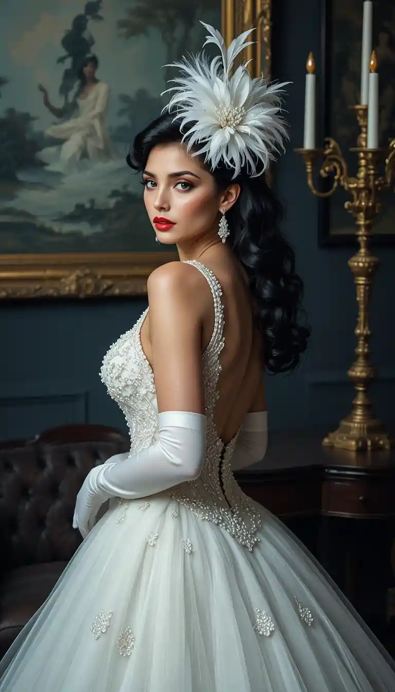 Elegant bride in vintage backless gown with feather fascinator
