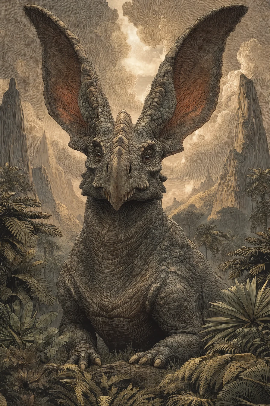 Paleoart Scene Of Prehistoric Creature In Volcanic Landscape