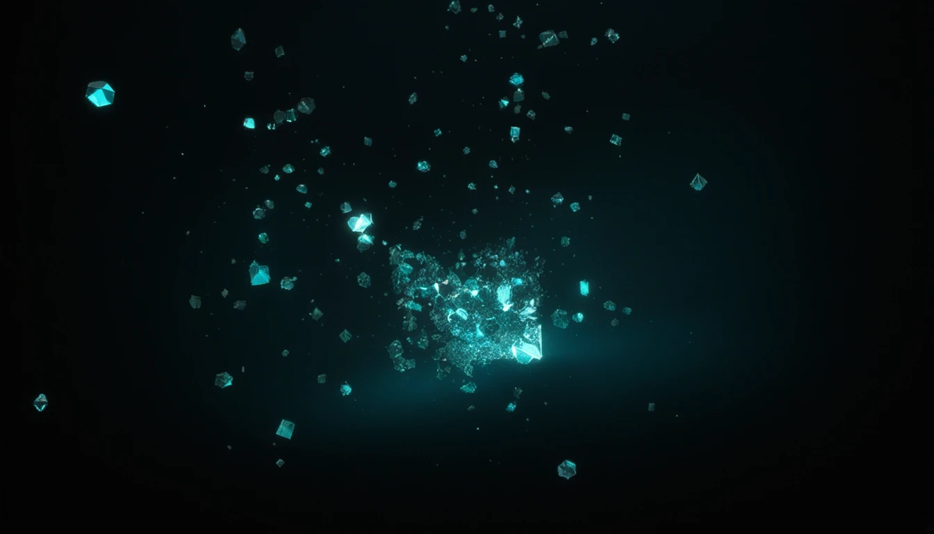 Fragmentos de cristal azuis flutuando em um espaço abstrato escuro