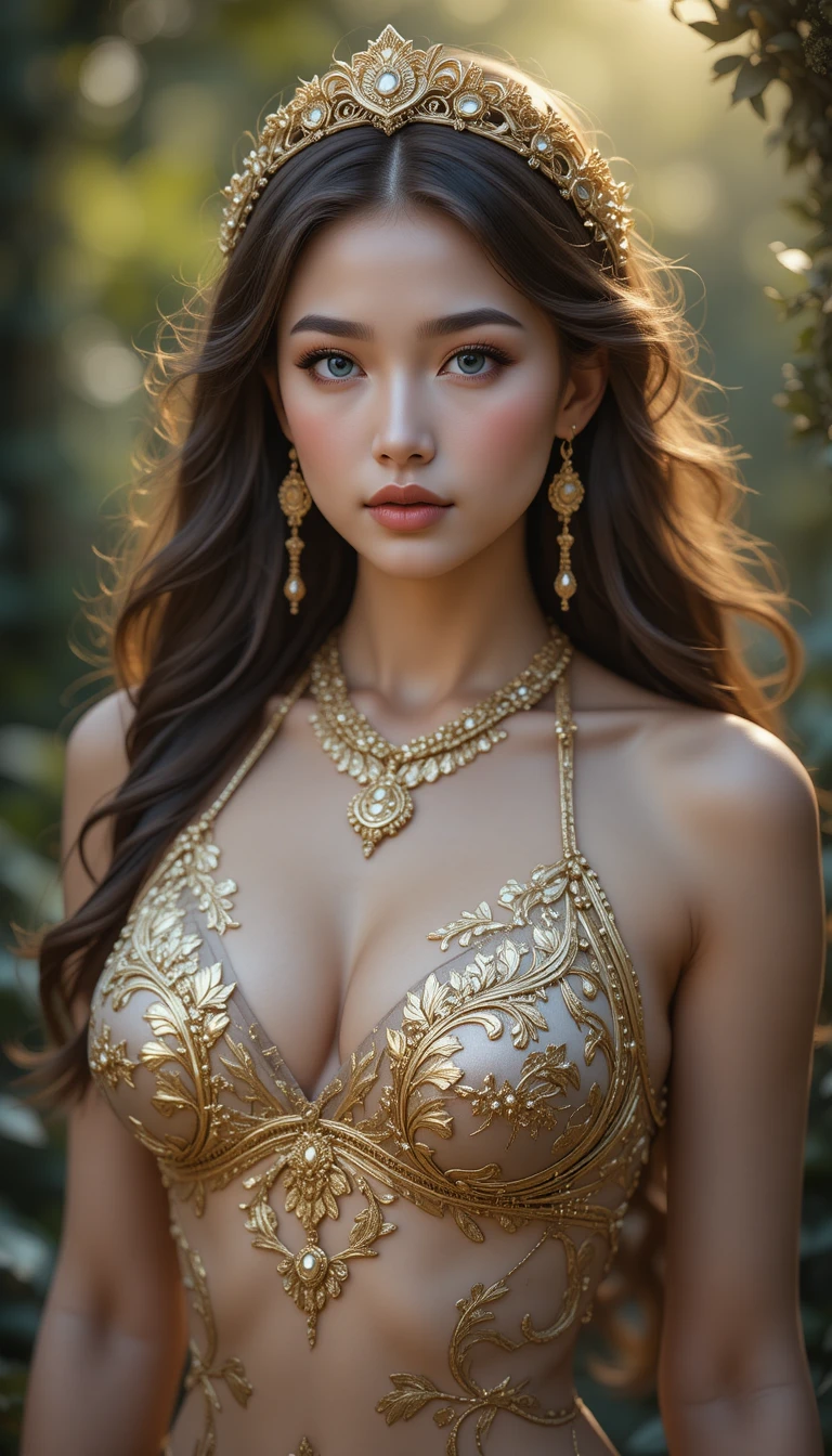 Ritratto fantasy di elegante bruna in bikini dorato ornato