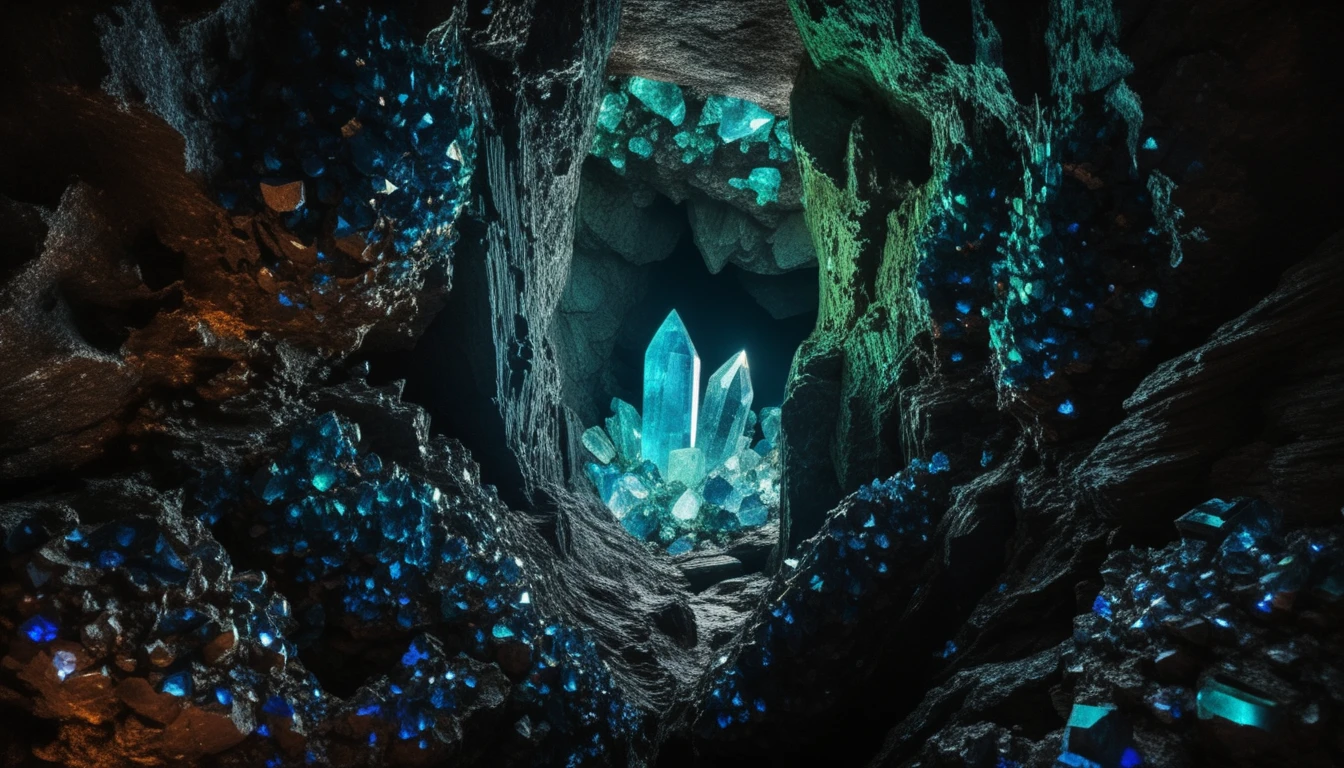 Cristais azuis e verdes brilhando em uma câmara de caverna escura