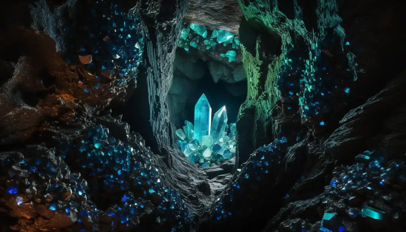 Glowing blue and green crystals in a dark cave chamber