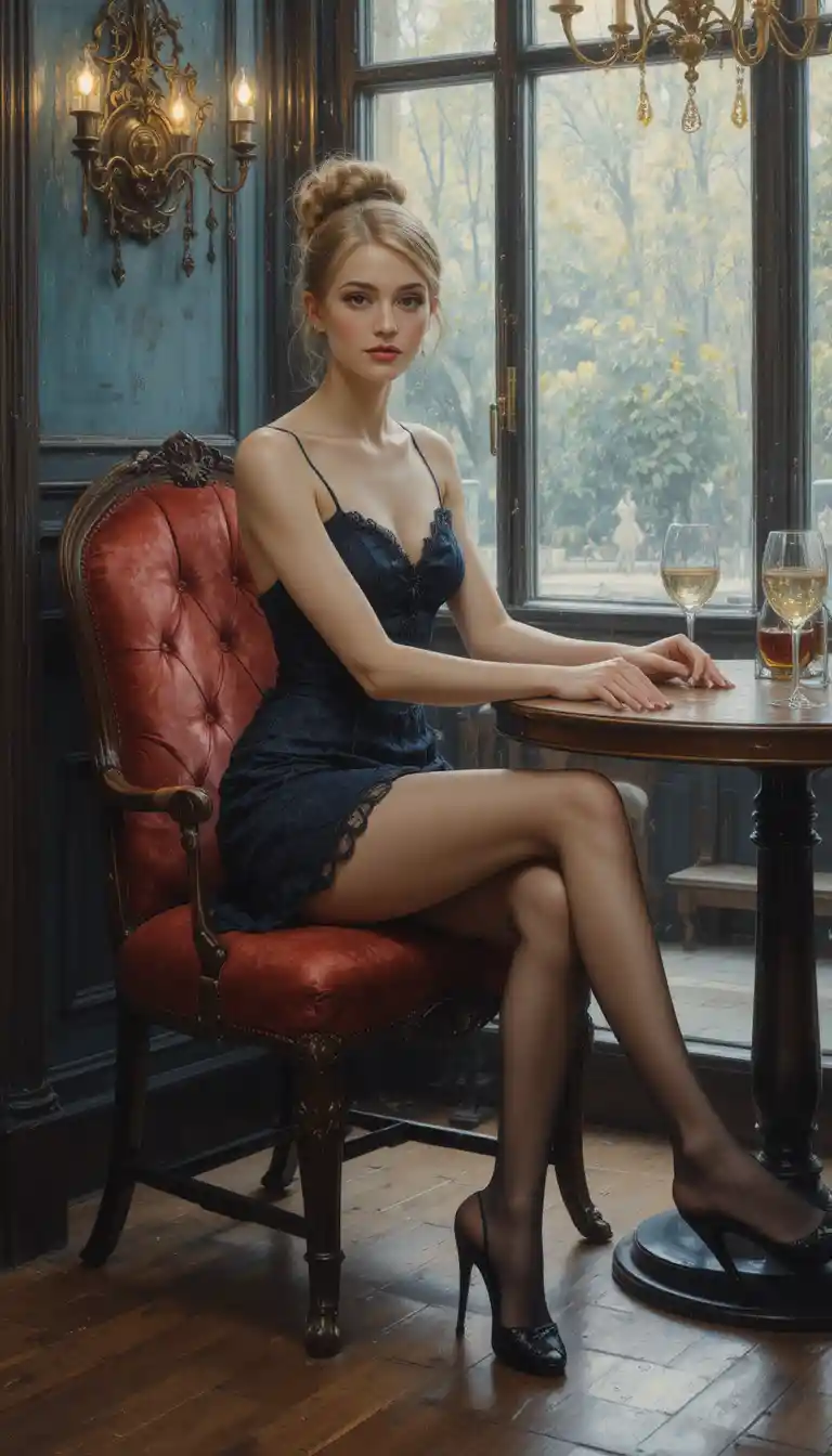 Elegant woman in black dress posing in restaurant chair