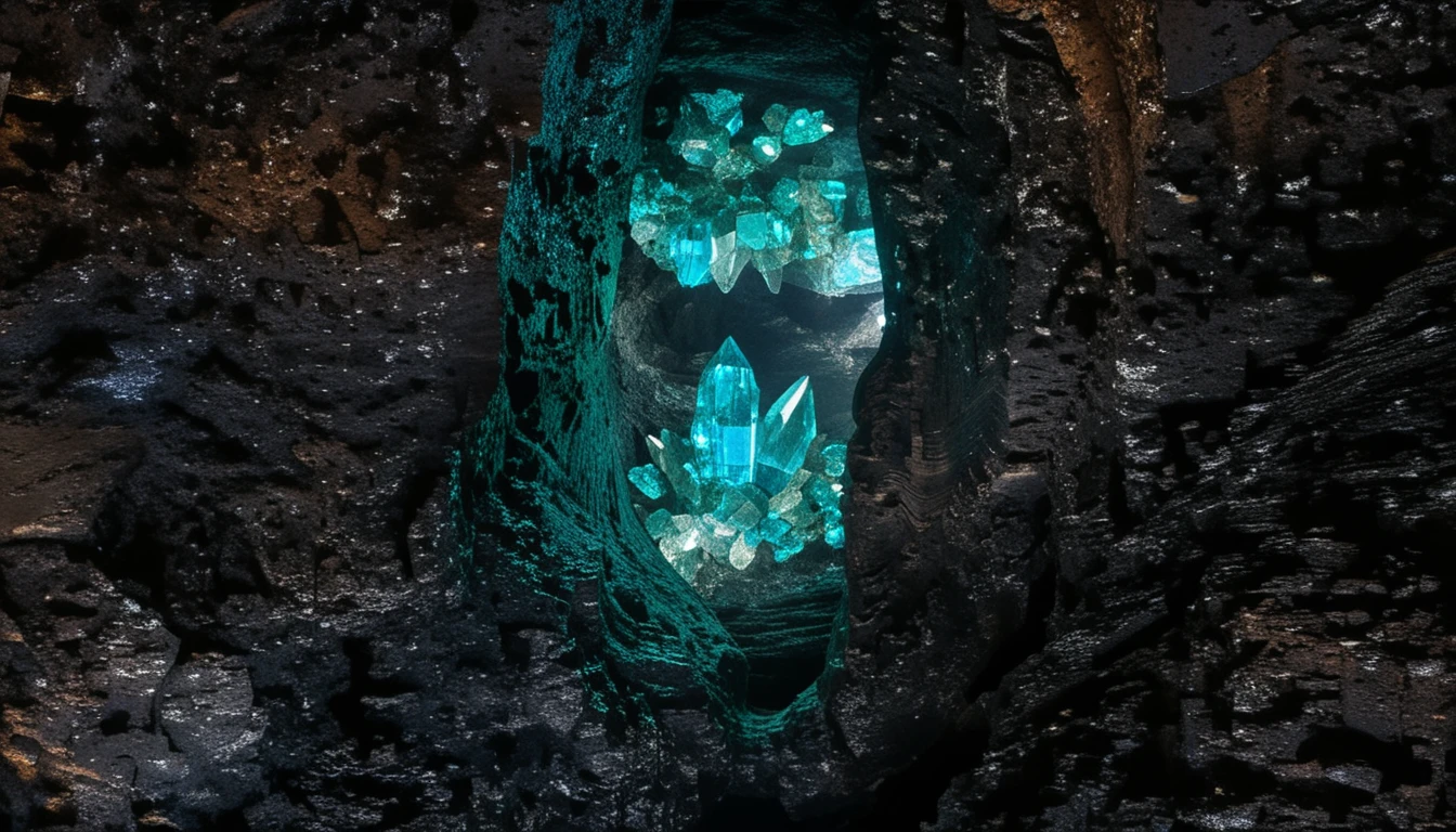 Cristais azuis e verdes brilhantes na entrada de uma caverna escura