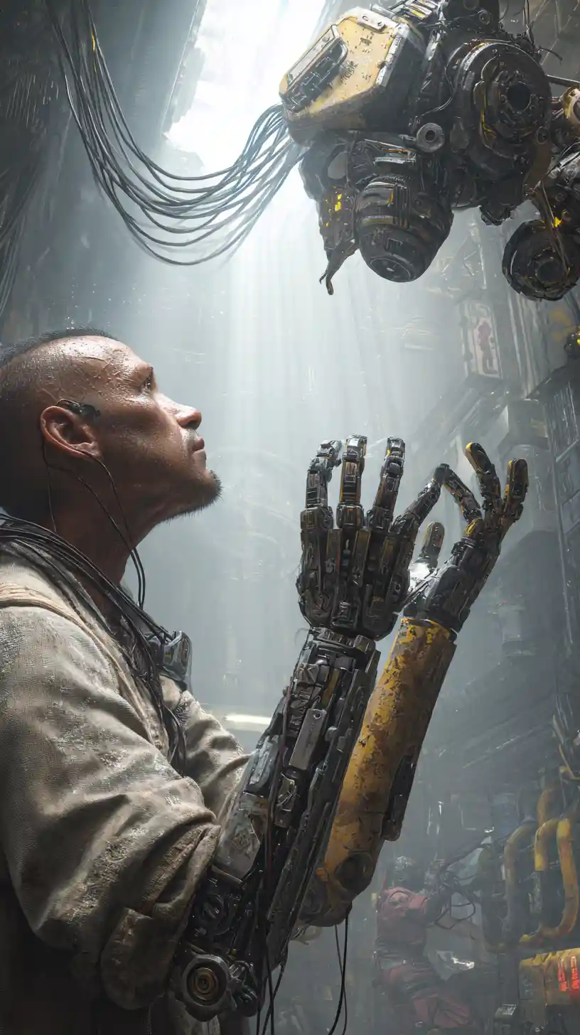 Cyberpunk engineer guiding a floating biomechanical repair drone
