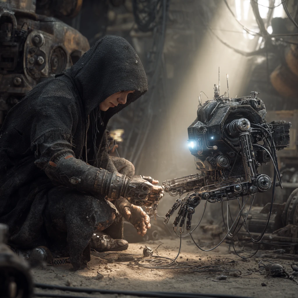 Cyberpunk engineer controlling a floating biomechanical repair drone