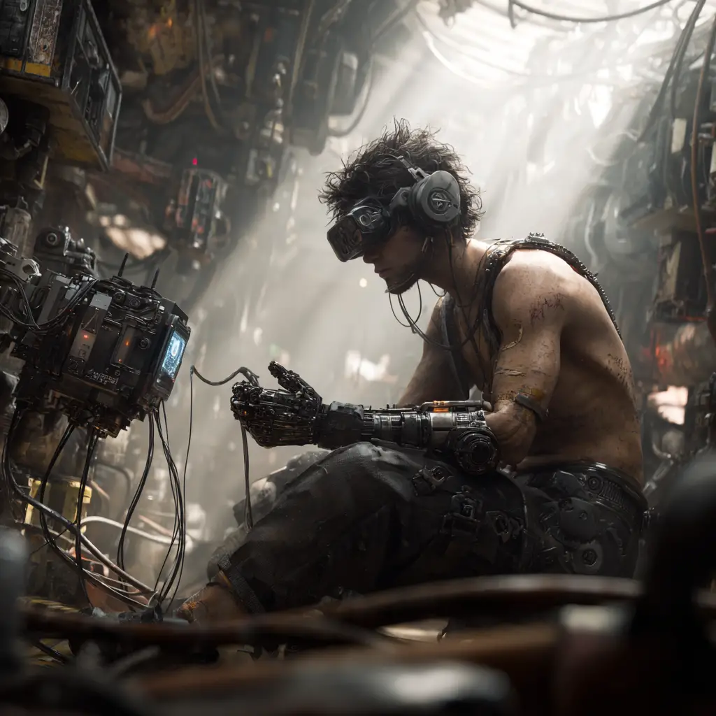 Cyberpunk engineer controlling a floating biomechanical repair drone