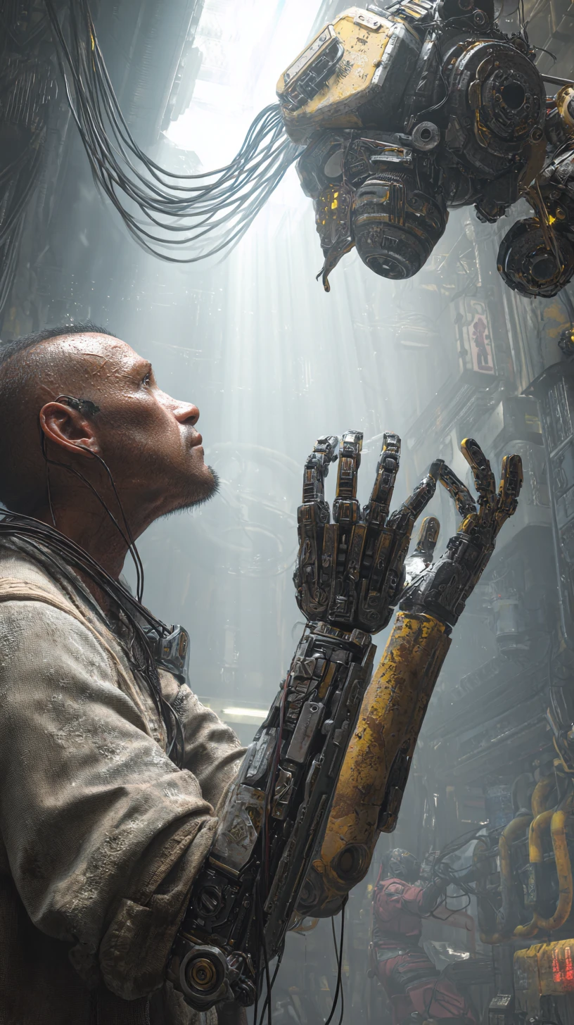 Cyberpunk engineer guiding a floating biomechanical repair drone