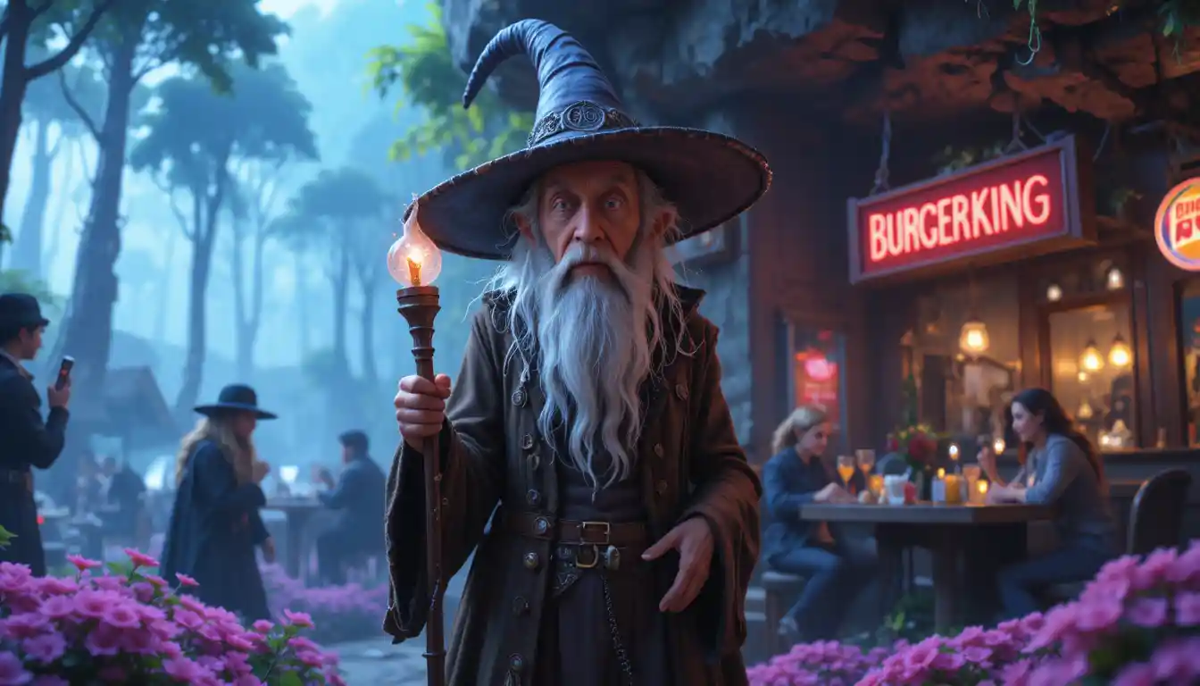 Tall grey bearded wizard with staff in dark cave