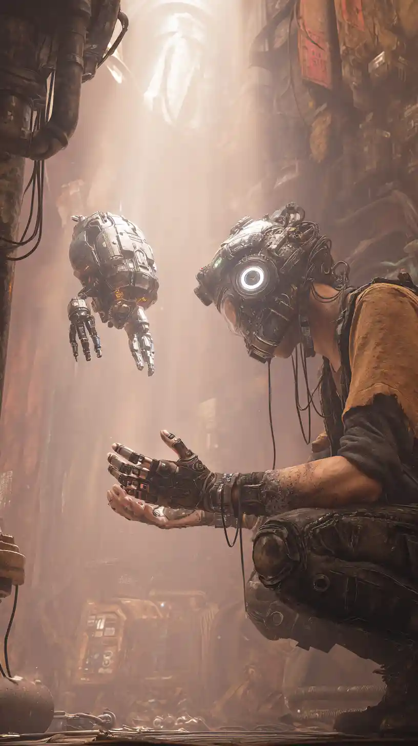 Cyberpunk engineer controlling a floating mechanical repair drone