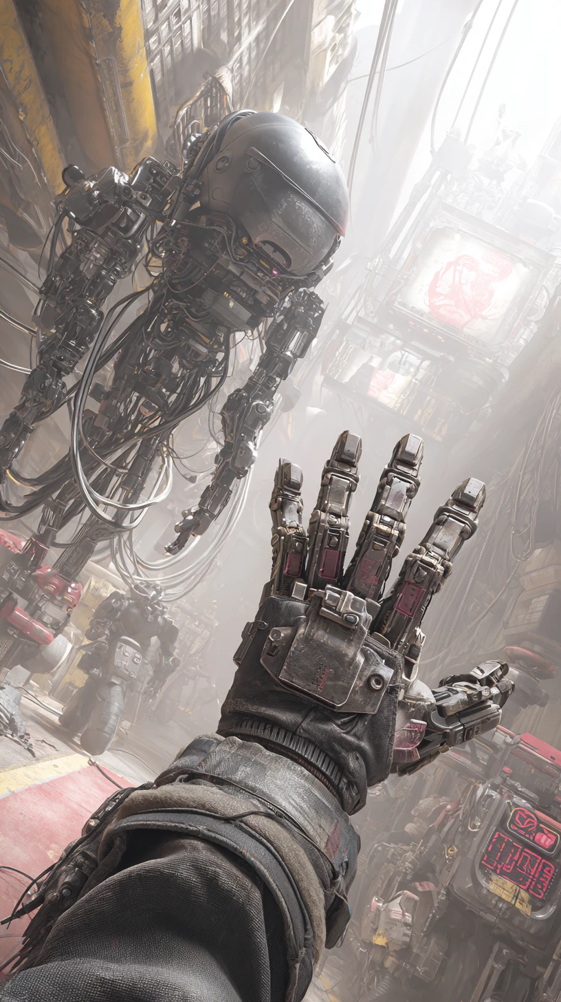 Cyberpunk engineer controlling a floating biomechanical repair drone