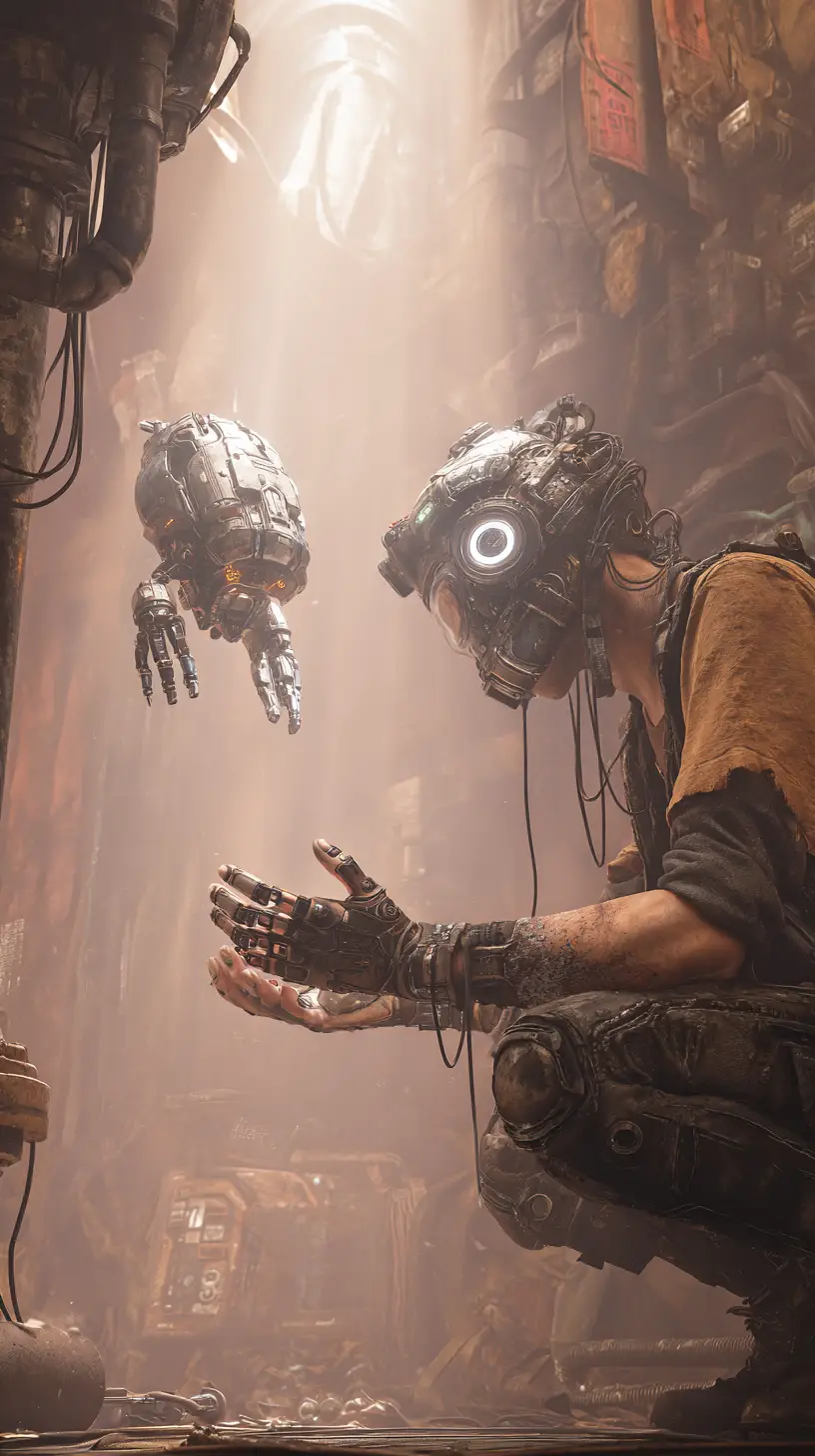 Cyberpunk engineer controlling a floating mechanical repair drone