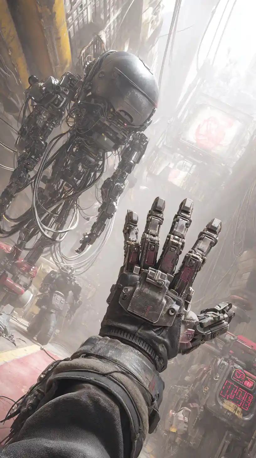 Cyberpunk engineer controlling a floating biomechanical repair drone